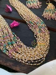 Layered Golden White Beaded Malai with Green and Pastel Pink Beads-G4702