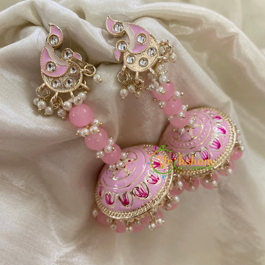 Light Pink Meenakari Long Jhumkas-Beaded -G8153