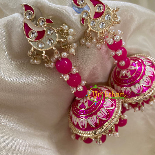 Hot Pink Meenakari Long Jhumkas-Beaded -G8152