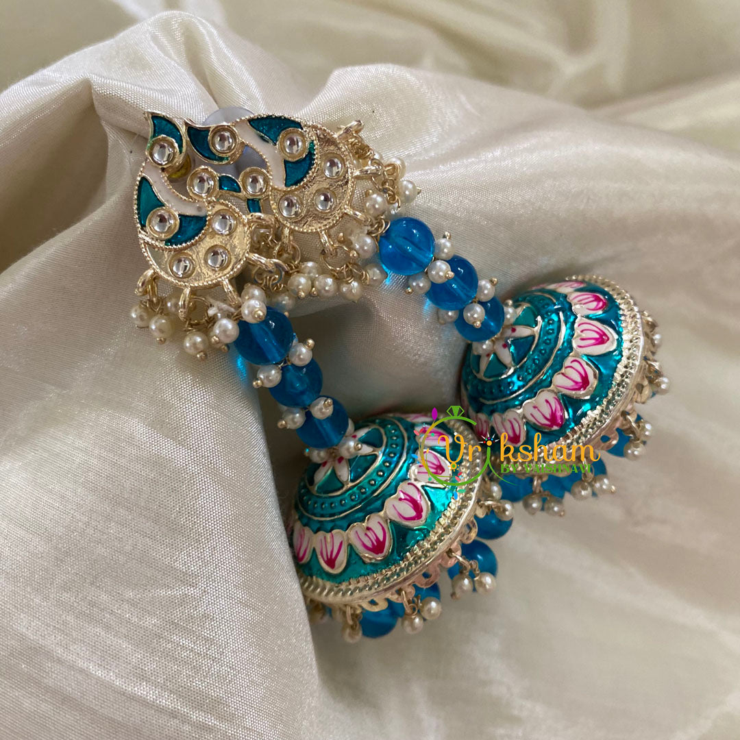 Aqua Blue Meenakari Long Jhumkas-Beaded -G8151