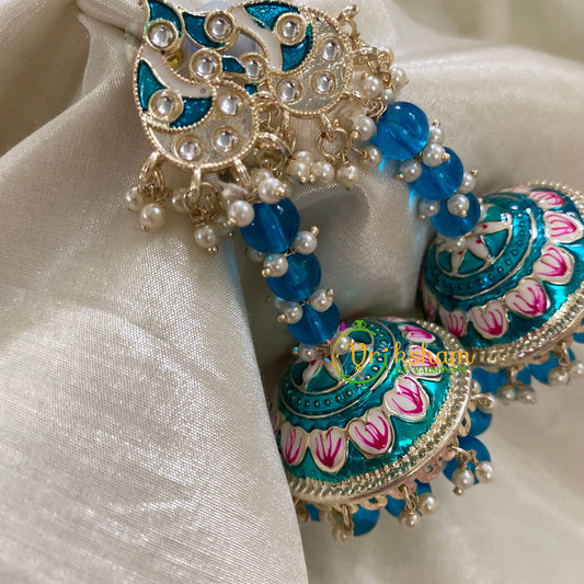 Aqua Blue Meenakari Long Jhumkas-Beaded -G8151