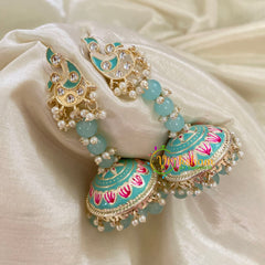 Pastel Blue Meenakari Long Jhumkas-Beaded -G8150