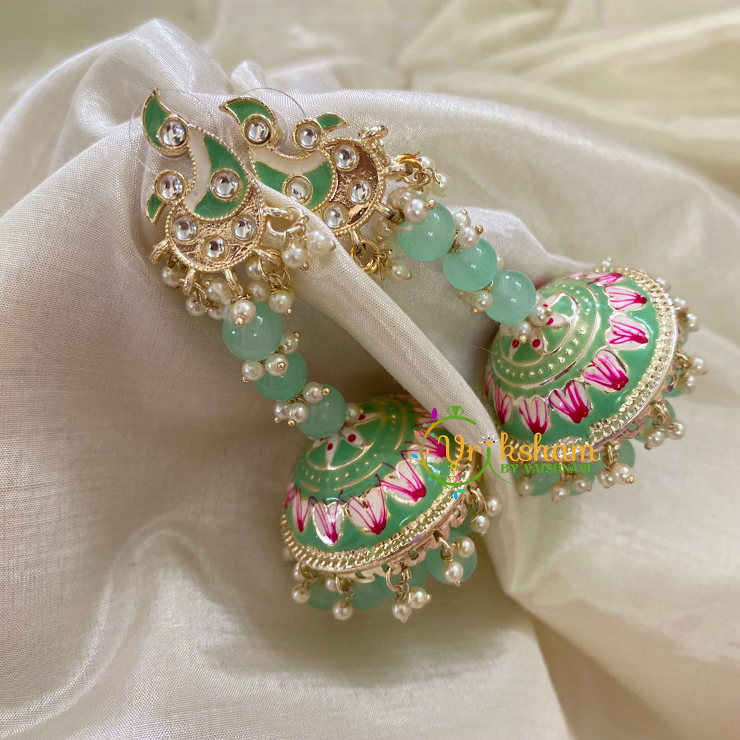 Pastel Green Meenakari Long Jhumkas-Beaded -G8149