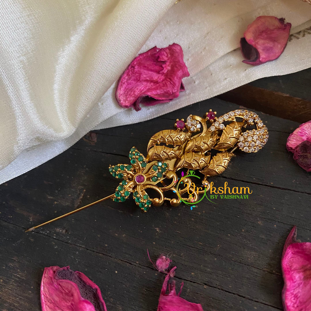 AD Stone Gold Saree Pin -Green Floral Leaves Brooch-G5772