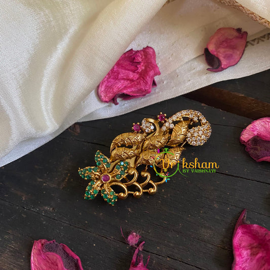 AD Stone Gold Saree Pin -Green Floral Leaves Brooch-G5772