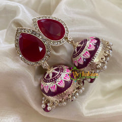 Maroon Meenakari Jhumkas-Hand painted-Stone Stud-G8147