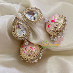 Baby Pink Meenakari Jhumkas-Hand painted-Stone Stud-G8146