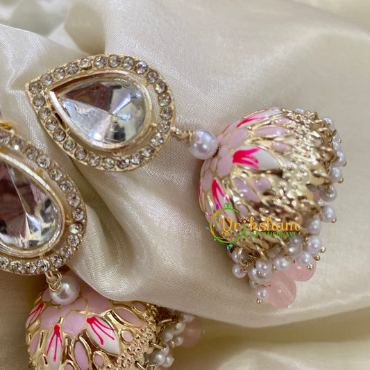 Baby Pink Meenakari Jhumkas-Hand painted-Stone Stud-G8146