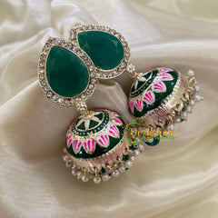 Green Meenakari Jhumkas-Hand painted-Stone Stud-G8145