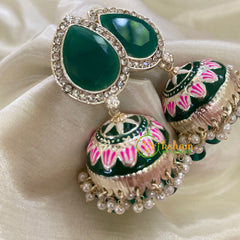 Green Meenakari Jhumkas-Hand painted-Stone Stud-G8145