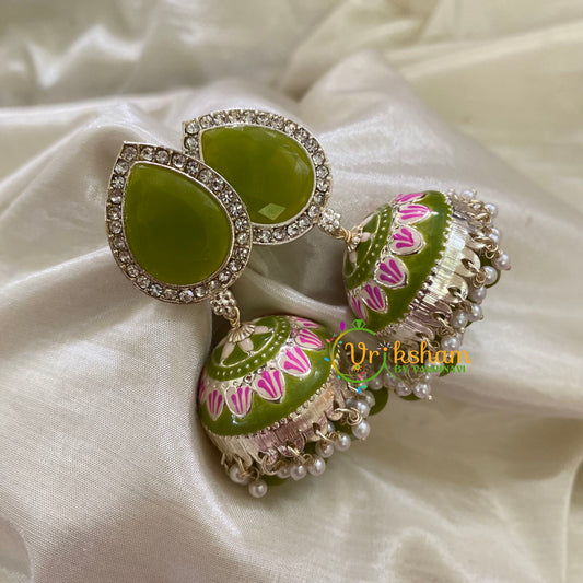 Olive Green Meenakari Jhumkas-Hand painted-Stone Stud-G8144