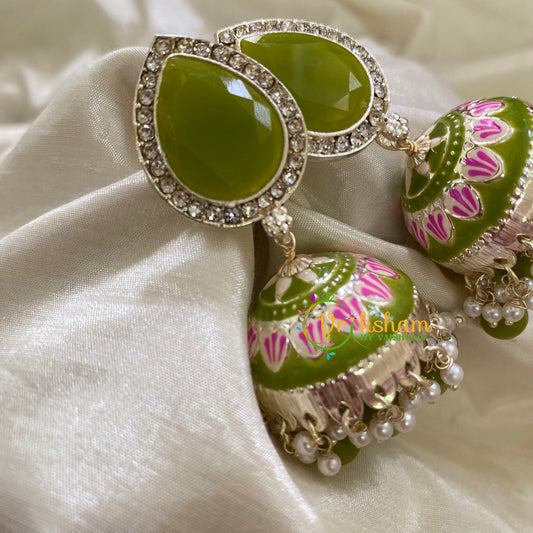 Olive Green Meenakari Jhumkas-Hand painted-Stone Stud-G8144