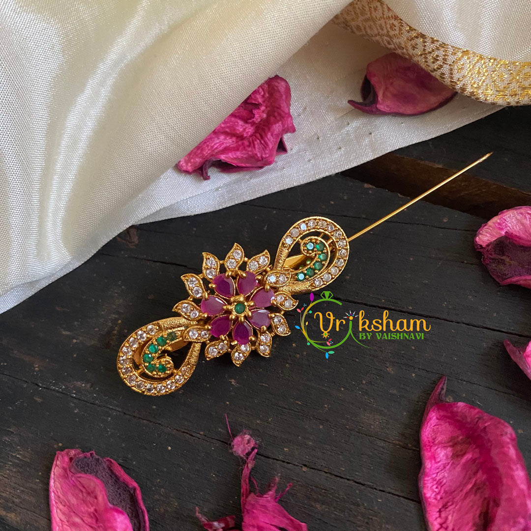 AD Stone Gold Saree Pin -Floral Knot Brooch-G5778