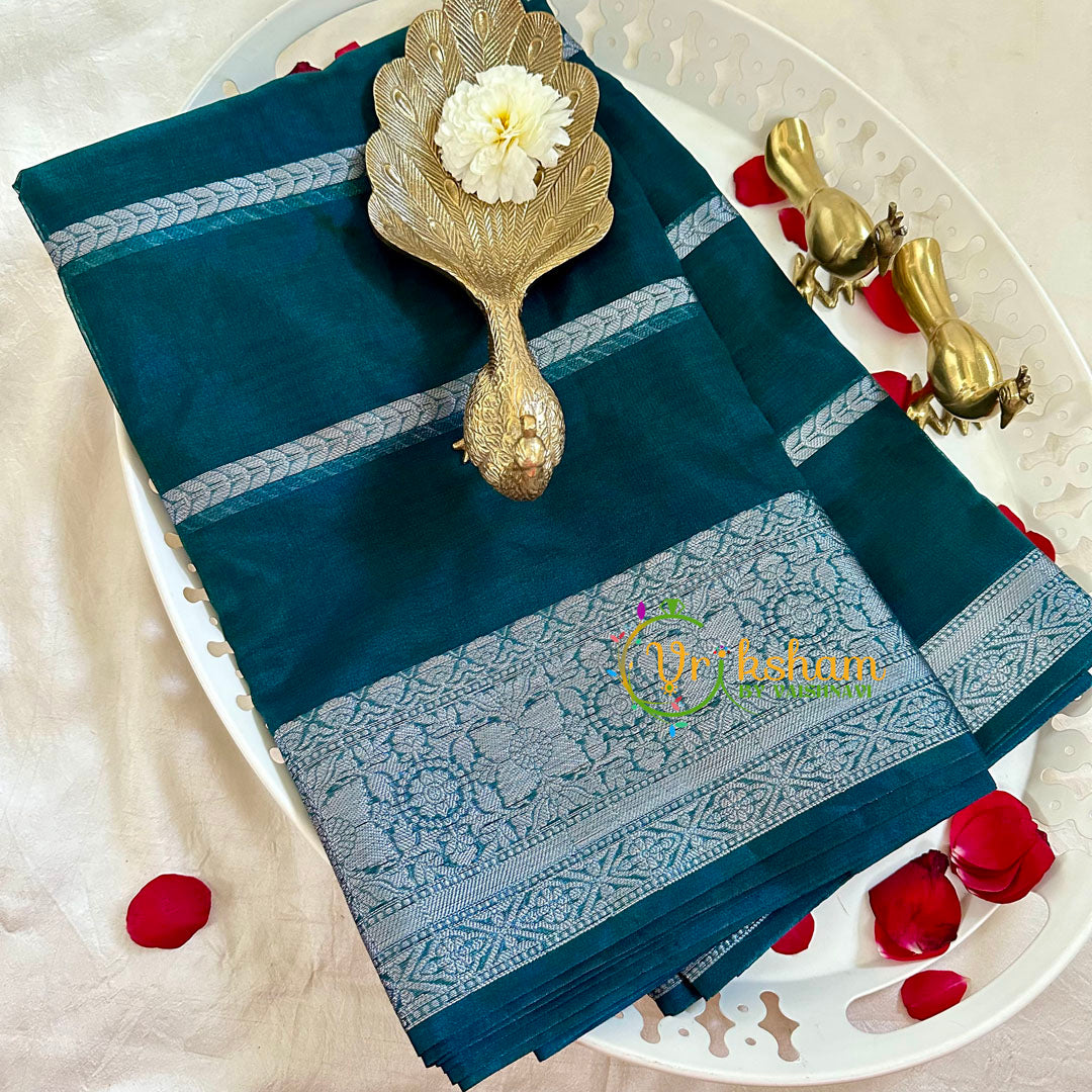 Peacock Blue with Silver Banarasi Kora Organza Silk Saree-VS2252