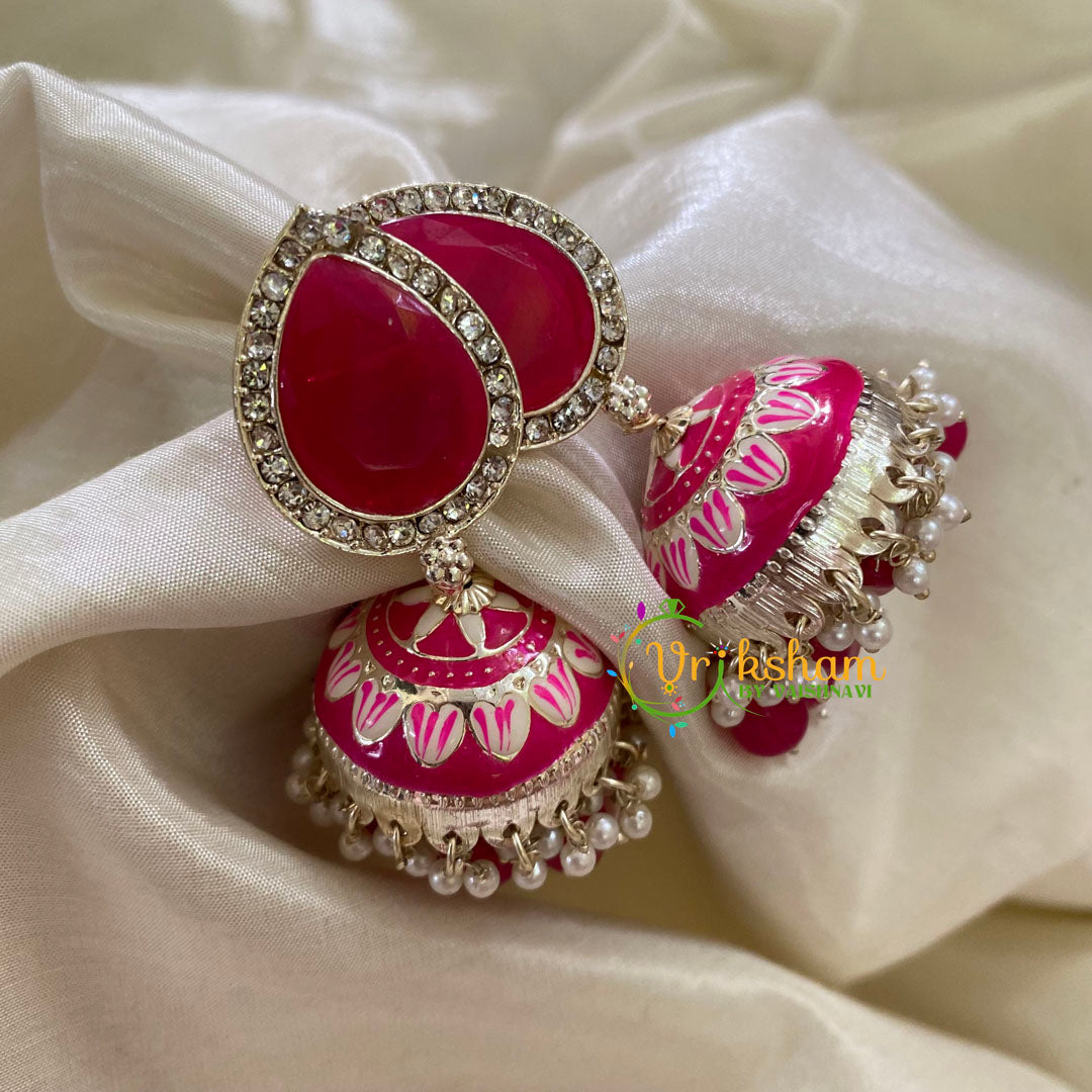 Pink Meenakari Jhumkas-Hand painted-Stone Stud-G8143