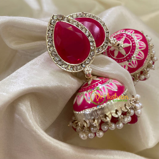 Pink Meenakari Jhumkas-Hand painted-Stone Stud-G8143