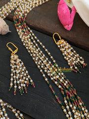 Layered  Pearl  White and Red Green beads Malai-G4711