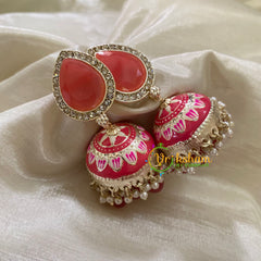 Orange Meenakari Jhumkas-Hand painted-Stone Stud-G8142