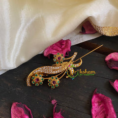 AD Stone Gold Saree Pin -Tri Floral Brooch-G5780