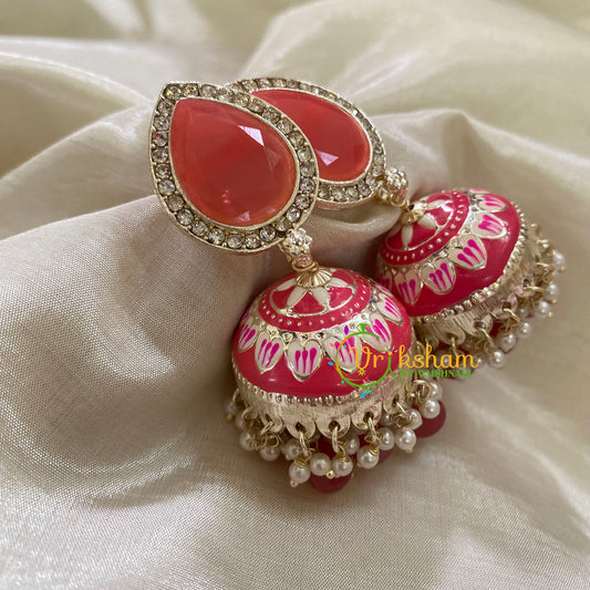 Orange Meenakari Jhumkas-Hand painted-Stone Stud-G8142