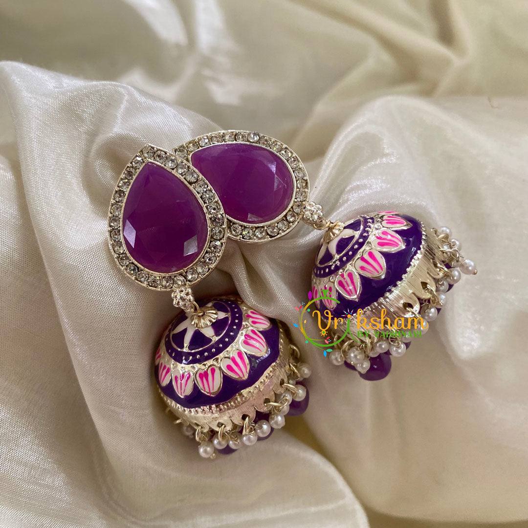 Purple Meenakari Jhumkas-Hand painted-Stone Stud-G8141