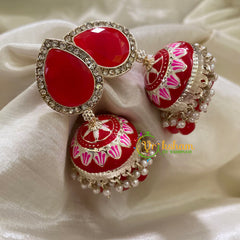 Red Meenakari Jhumkas-Hand painted-Stone Stud-G8140