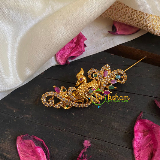 AD Stone Gold Saree Pin -Sitting Peacock Brooch-G5783