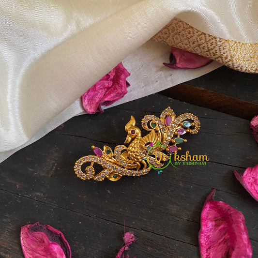 AD Stone Gold Saree Pin -Sitting Peacock Brooch-G5783