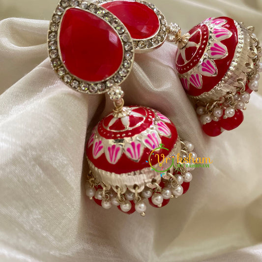 Red Meenakari Jhumkas-Hand painted-Stone Stud-G8140