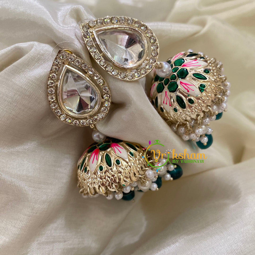 White Stone Meenakari Jhumkas-Hand painted-Stone Stud-G8139