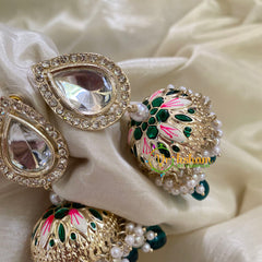 White Stone Meenakari Jhumkas-Hand painted-Stone Stud-G8139