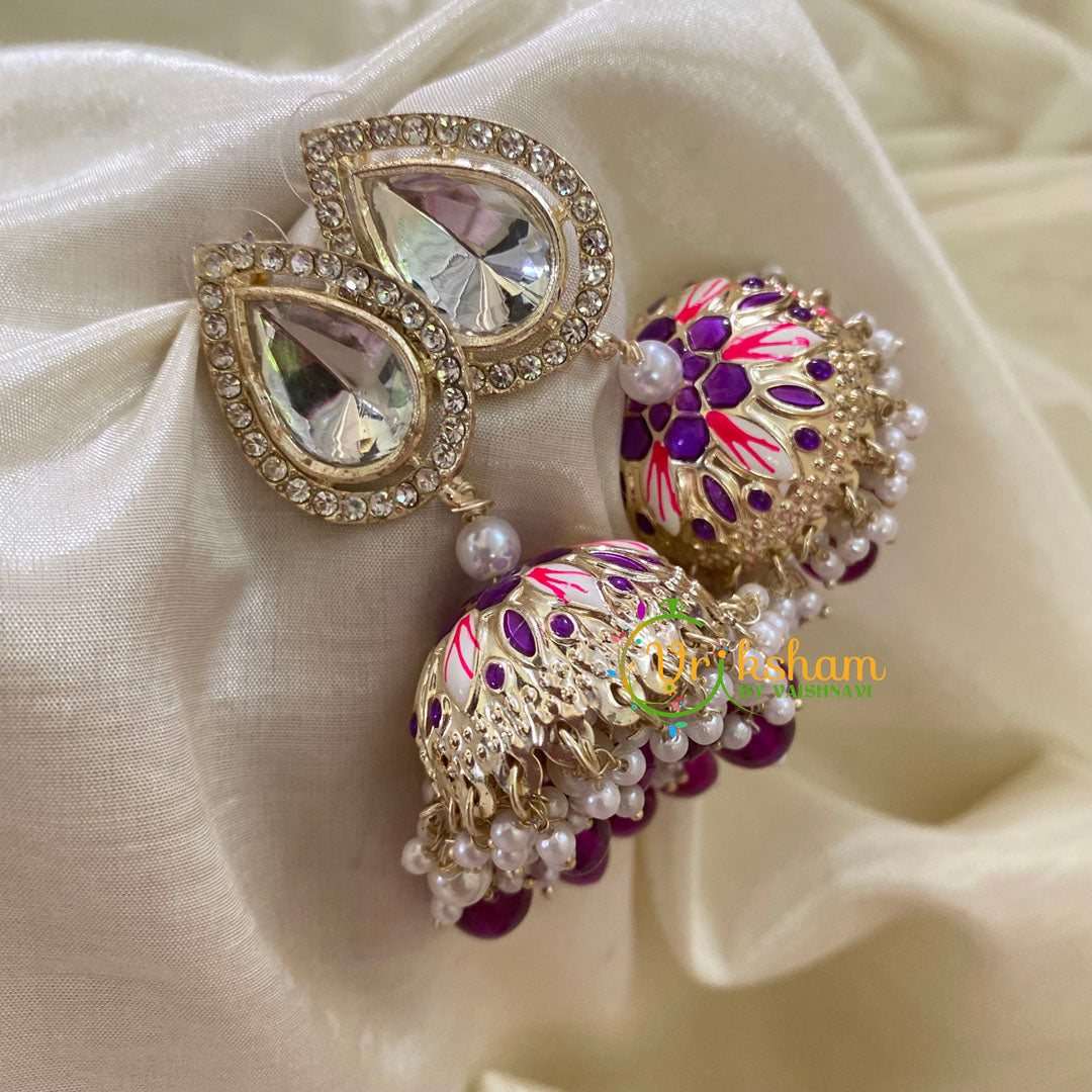 White Kundan Meenakari Jhumkas-Hand painted-Stone Stud-G8138