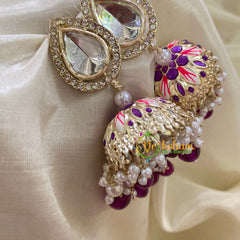 White Kundan Meenakari Jhumkas-Hand painted-Stone Stud-G8138