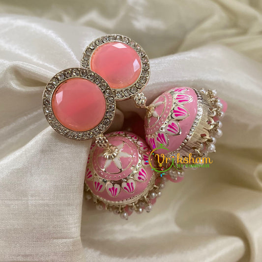 Baby Pink Meenakari Jhumkas-Hand painted-Stone Stud-G8137