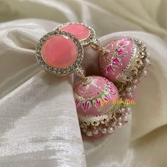 Baby Pink Meenakari Jhumkas-Hand painted-Stone Stud-G8137