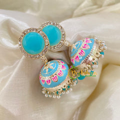 Light Blue Meenakari Jhumkas-Hand painted-Stone Stud-G8136