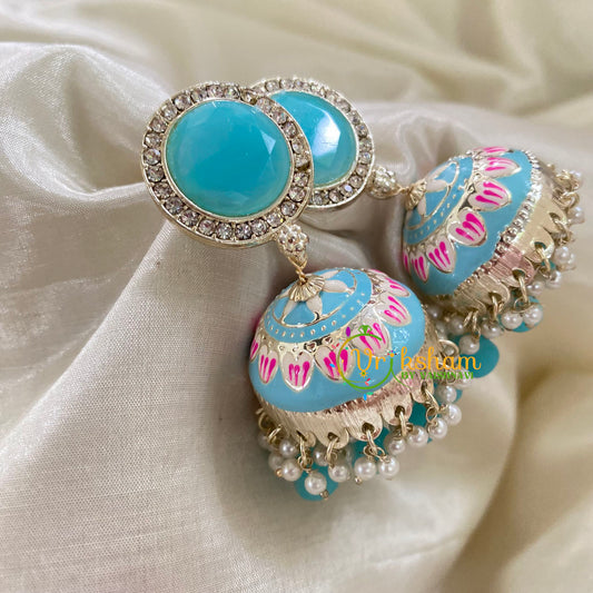 Light Blue Meenakari Jhumkas-Hand painted-Stone Stud-G8136