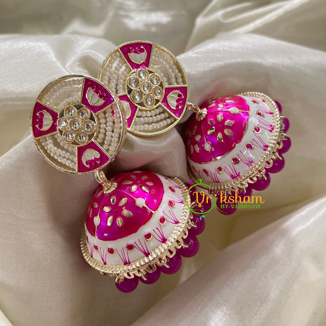 Hot Pink Meenakari Jhumkas-Hand painted-Pearl Stud-G8135