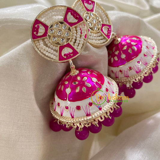 Hot Pink Meenakari Jhumkas-Hand painted-Pearl Stud-G8135