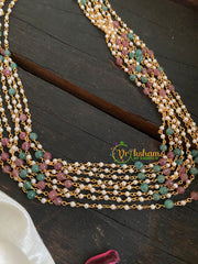 Layered White Beaded Malai with Green and Pastel Pink Beads-G4718