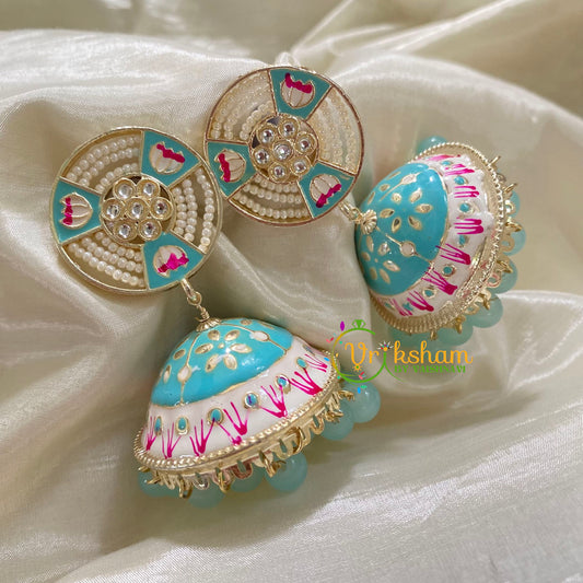 Ligght Blue Meenakari Jhumkas-Hand painted-Pearl Stud-G8134