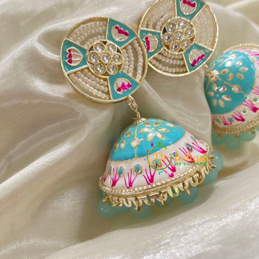 Ligght Blue Meenakari Jhumkas-Hand painted-Pearl Stud-G8134