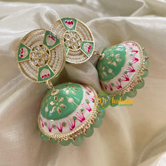 Pastel Green Meenakari Jhumkas -Hand painted-Pearl Stud-G8133