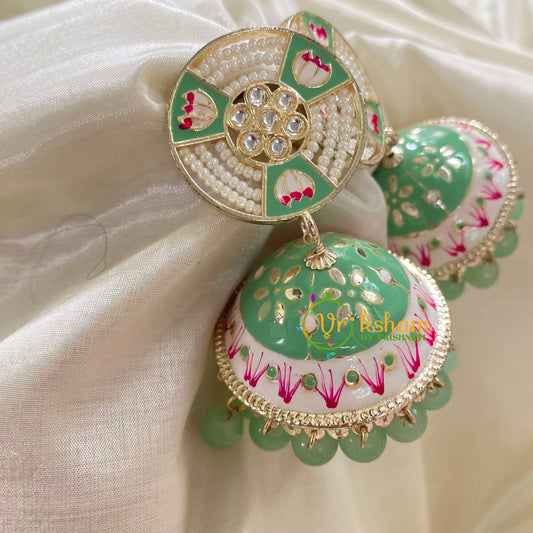 Pastel Green Meenakari Jhumkas -Hand painted-Pearl Stud-G8133