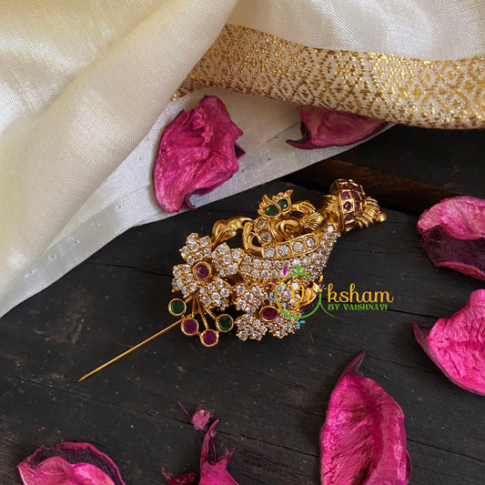 AD Stone Gold Saree Pin -Twin Flower Brooch-G5794