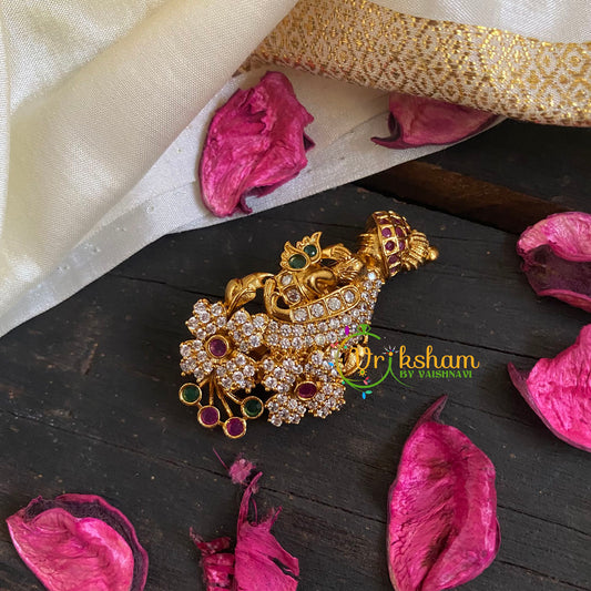 AD Stone Gold Saree Pin -Twin Flower Brooch-G5794