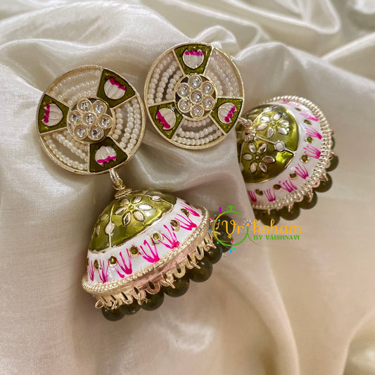 Olive Green Meenakari Jhumkas-Hand painted-Pearl Stud-G8132