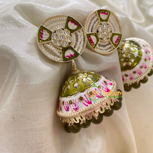 Olive Green Meenakari Jhumkas-Hand painted-Pearl Stud-G8132