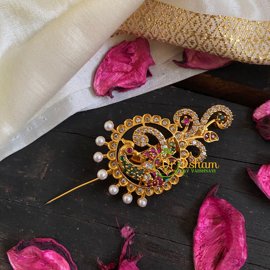 AD Stone Gold Saree Pin -Pearl Peacock Brooch-G5796