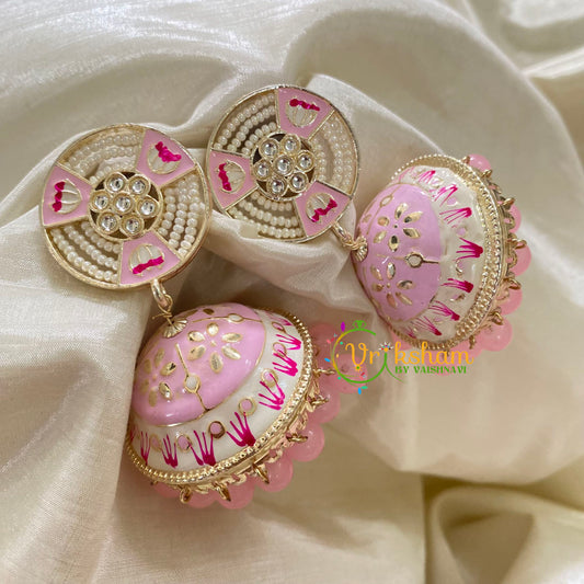 Light Pink Meenakari Jhumkas-Hand painted-Pearl Stud-G8131